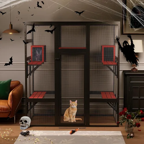 Vista 9 de COZIWOW Catio de madera grande de 70 pulgadas para exteriores con perchas y condominios, jaula para gatos interior con techo impermeable, 7