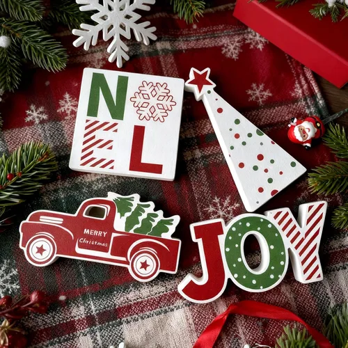 Vista 6 de 4 piezas de decoración de mesa de Navidad para interiores, camión rojo de madera, bandeja escalonada de invierno, decoración rústica de árbol
