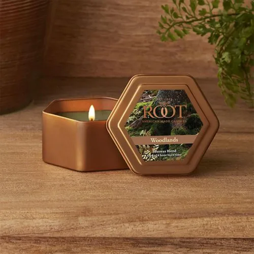 Vista 3 de Root Candles Velas perfumadas de otoño en lata de viaje, 24 horas, vela de mezcla de cera de abeja hecha a mano, 4 onzas, Woodlands