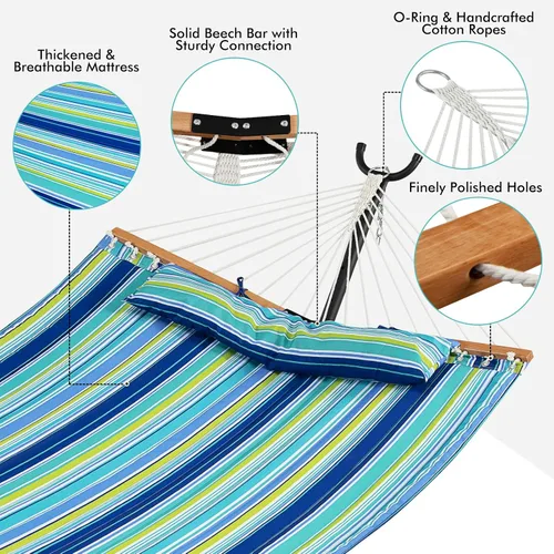 Vista 5 de Giantex Hamaca para acampar con barra separadora, almohada desmontable, cuerdas de algodón tejidas a mano, hamacas al aire libre para patio, patio