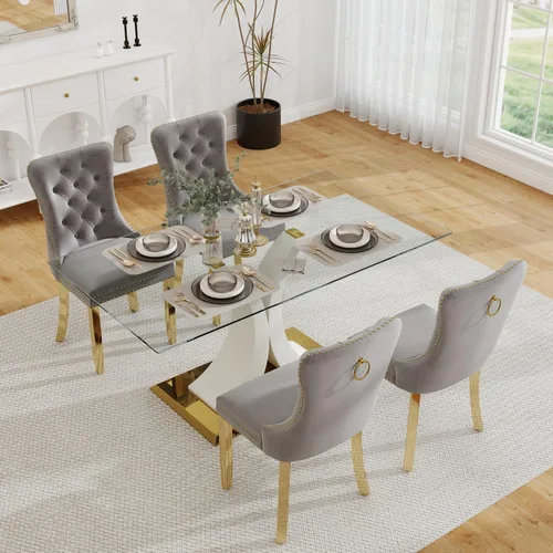 Vista 13 de Juego de comedor moderno de vidrio de lujo de 5 piezas, juego de cena rectangular minimalista grande para 4, juego de mesa de cocina de vidrio