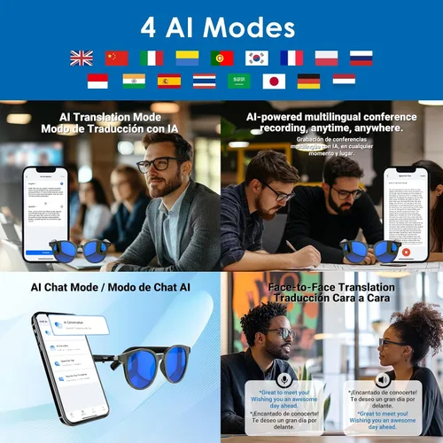 Vista 3 de GetD Gafas inteligentes AI, traducción en 164 idiomas ChatGPT, Bluetooth