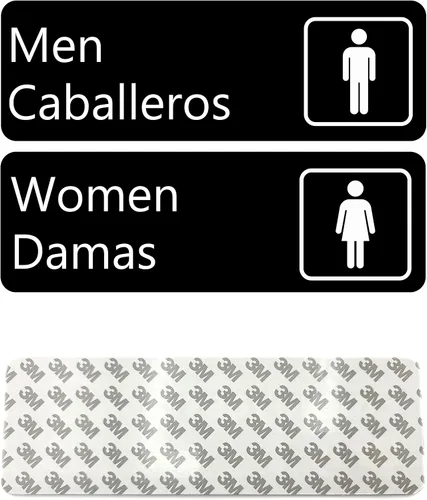Vista 2 de Juego de letreros para baño con adhesivo en español e inglés - 9" x 3" - Hombres/Caballeros y Mujeres/Damas -Juego de dos letreros- Negro con letras