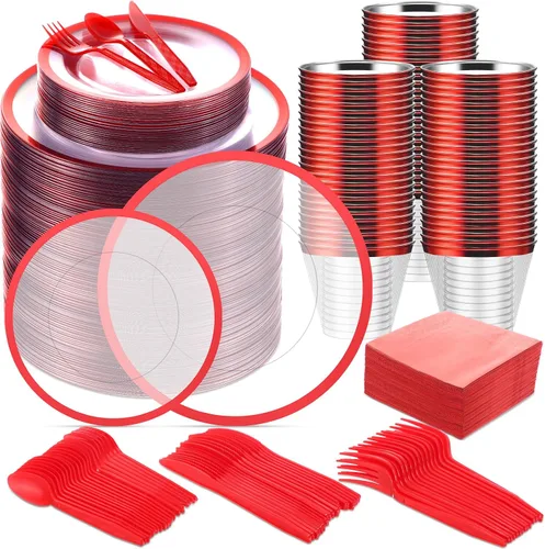 Vista 7 de Norme Juego de vajilla de plástico desechable de 600 piezas, 100 platos de plástico transparente, vasos, cuchillos, tenedores, cucharas Negro