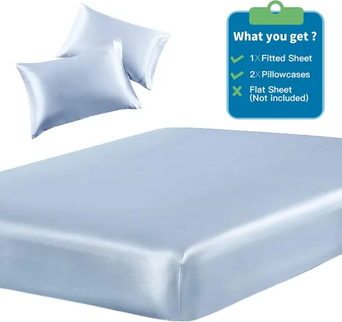 Vista 3 de SiinvdaBZX Juego de 3 piezas de sábana bajera de satén tamaño individual y 2 fundas de almohada, color azul bebé, sábana bajera suave y sedosa, sin