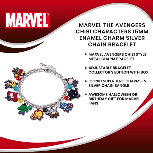 Vista 6 de The Avengers Chibi Form Characters - Pulsera esmaltada de 0.591 in Pulsera de cadena con acabado de plata pulida con cuentas