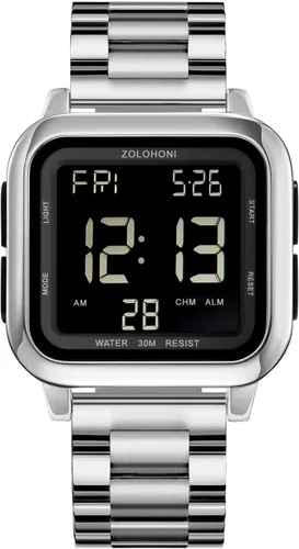 Vista 11 de Reloj digital zolohoni para hombre, relojes de acero inoxidable cuadrados, relojes de pulsera para hombre impermeables de cara grande con hora dual