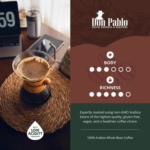 Vista 5 de Café gourmet Don Pablo de 2 libras, Brasil Cerrado, tostado medio oscuro, café en grano entero, 100% granos arábica, baja acidez y sin OMG, bolsa