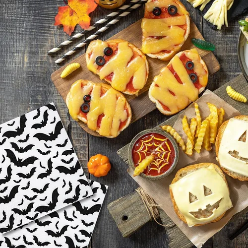 Vista 6 de AnyDesign Paquete de 80 servilletas de papel de Halloween de 6.5 x 6.5 pulgadas, servilletas de papel desechables de murciélago negro, servilletas