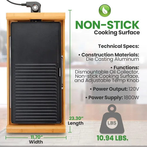 Vista 6 de NutriChef Parrilla de interior sin humo para el hogar, parrilla eléctrica antiadherente, bambú desmontable, control de temperatura, perilla