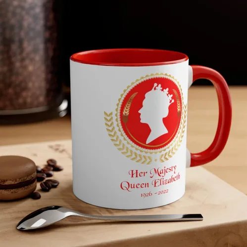 Vista 3 de Taza de la reina Isabel, Reina Isabel II, taza con corona de laurel de camafeo rojo, taza de conmemoración, taza de conmemoración, taza