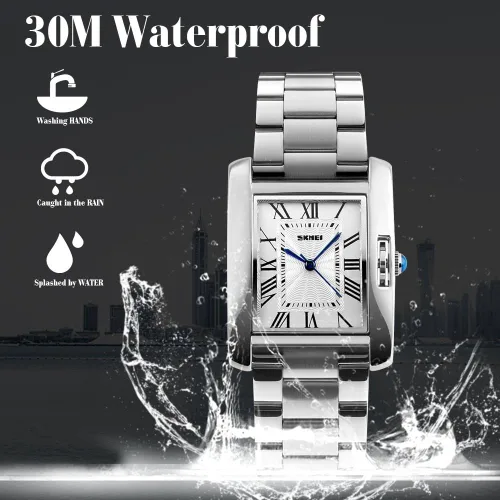 Vista 4 de Mujer reloj rectángulo vidrio oro rosa impermeable de acero inoxidable cuarzo analógico números romanos reloj