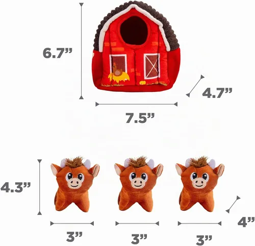 Vista 6 de Outward Hound Hide-A-Cow - Juguete para perro, rompecabezas interactivo 2 en 1 de peluche con granero y 3 vacas chirriantes de las tierras altas