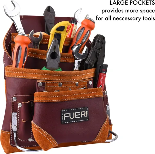 Vista 11 de Bolsa profesional de 10 bolsillos para herramientas de carpintero Cuero de grano premium resistente, soporte de marco ajustable de refuerzo