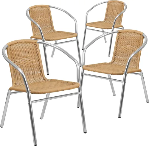 Vista 9 de Flash Furniture Silla de pila de restaurante para interior-exterior de aluminio comercial y ratán beige
