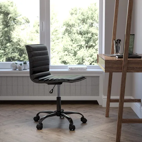 Vista 2 de Flash Furniture - Silla de oficina, vinilo negro, estructura negra, sin reposabrazos, asiento y respaldo acanalados, diseño de respaldo bajo