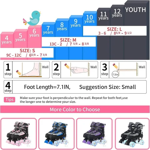 Vista 5 de MammyGol Roller Skates for Kids Boys Girls, Adjustable Quad Skates with Light Up Wheels for Toddler Little Kids Ages 6-12, Beginners Outdoor Sports