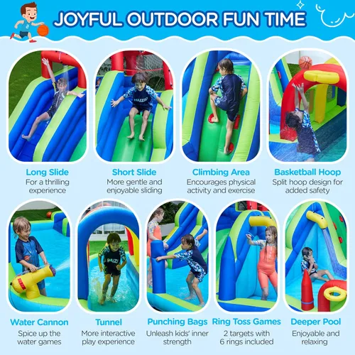 Vista 4 de Tobogán acuático inflable de Yaheetech, ventilador combinado 650W del tobogán acuático del carril doble w/Long Tunnel & Climbing Wall & Punching