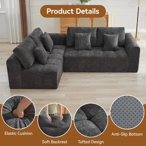 Vista 13 de Sofás seccionales modulares de 110 pulgadas para sala de estar, sofá seccional comprimido sin hueso, sofá de espuma viscoelástica tapizado de 3 Beige
