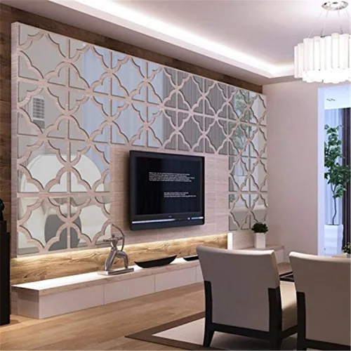 Vista 4 de Adhesivos de pared de espejo 3D, 4 piezas de calcomanías de pared de arte de cristal acrílico, autoadhesivas, espejo extraíble, azulejos de pared