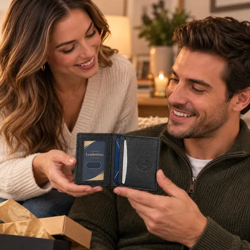 Vista 7 de Leatherboss Cartera Bifold Delgada de Cuero Genuino Porta Tarjetas de Crédito, Débito e ID Compacta y Elegante con Ventanas Transparentes
