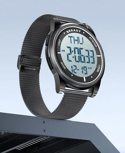 Vista 29 de Beeasy - Reloj digital de pulsera resistente al agua con cronómetro, alarma, cuenta regresiva, doble zona horaria, ultrafino, pantalla angular muy