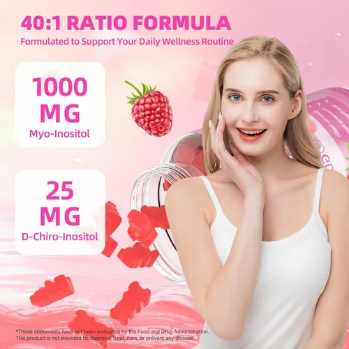 Vista 5 de Gomitas de mio-inositol y D-Chiro inositol, suplemento ideal de proporción 40:1 para mujeres con vitamina D3 y B12 para apoyar el equilibrio
