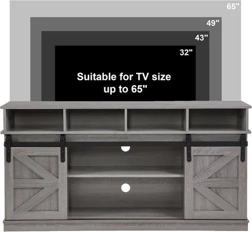 Vista 6 de Soporte de TV con puerta corrediza de granero, centro de entretenimiento de madera moderna y rústica, armario de almacenamiento, mesa de estar