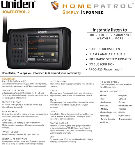 Vista 3 de Uniden HomePatrol-2 Escáner Digital de Pantalla Táctil a Color con Programación Simple, TrunkTracker V y S, A, M, E, Alerta de Emergencia/Clima