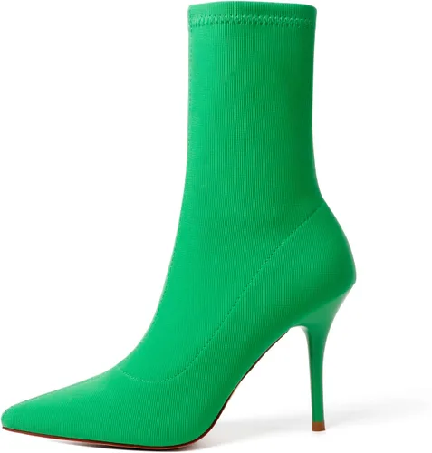 Vista 14 de vivianly Botines elásticos con punta puntiaguda, botas de tobillo a media pantorrilla, botas de tacón de aguja para mujer negro (Black-Stretch)