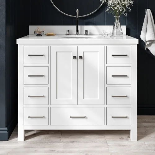 Vista 94 de ARIEL Cambridge tocador de baño con fregadero, madera maciza, encimera y protector contra salpicaduras de cuarzo blanco puro de 1.5 pulgadas