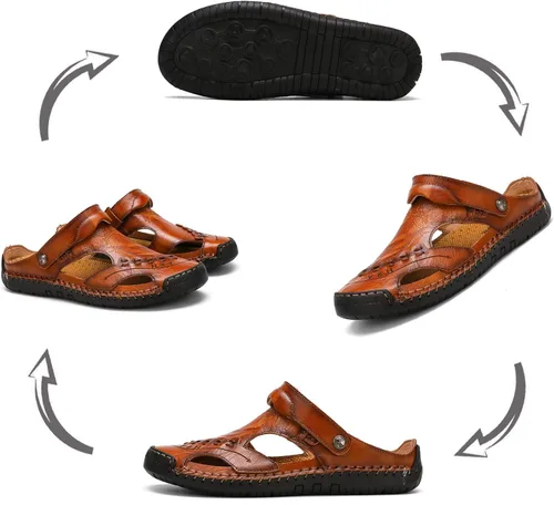 Vista 2 de MIXSNOW Sandalias de cuero con punta cerrada para hombre, sandalias de pescador casuales para caminar al aire libre, zapatos de playa, Negro