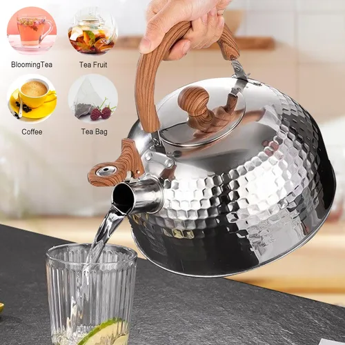 Vista 6 de Hervidor de té, acero inoxidable de grado alimenticio con mango plegable de madera, hervidor silbante para estufas de inducción, gas y eléctricas