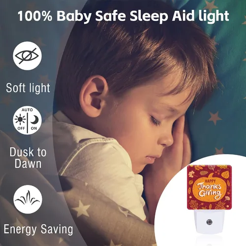 Vista 5 de Luz nocturna de Feliz Acción de Gracias para niños, otoño otoño naranja calabaza hoja de arce luz nocturna enchufable con sensor de atardecer a