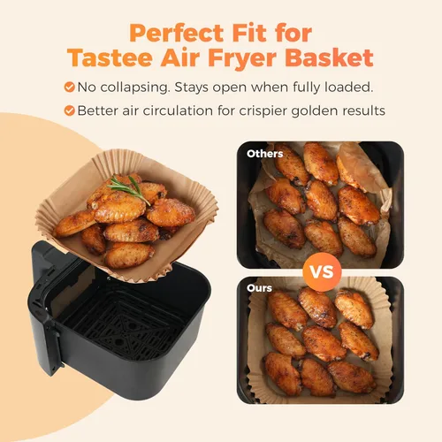 Vista 2 de Forros de freidora de aire Tastee 100 piezas - Diseño para cestas de freidora de aire de 3-6QT, forros de papel desechables absorbentes de aceite