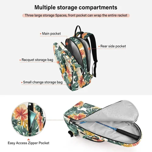 Vista 5 de Unisex Tennis Bag Lightweight Tropical Style Green Leaves Red Flower Zipper Tennis Bag Gym Bag for Women, Men, Teenagers raquetas de tenis