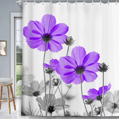 Vista 20 de MERCHR Cortina única floral azul para decoración de baño, cortina de ducha estilo granja con flores de margarita azul y gris elegantes y diseño