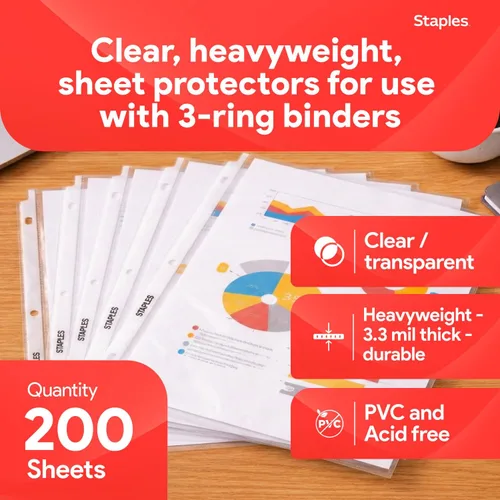 Vista 2 de Staples Protectores de hojas pesados, 8.5 x 11 pulgadas, protectores transparentes de 3 agujeros perforados, caja fuerte para archivos, paquete