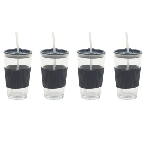 Vista 6 de Mr. Coffee Sip Savvy - Paquete de 4 vasos de vidrio rosa rubor de 15 onzas con tapas y pajillas, reutilizables para café helado, aptos