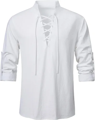 Vista 12 de Camisas de manga larga para hombre, estilo retro, con cordones para disfraz medieval, vikingo, hippie, Halloween, cosplay, pirata, renacentista