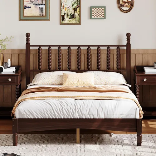 Vista 26 de JIVOIT Cama de plataforma de tamaño King con cabecera de 46.5 pulgadas de alto, marco de plataforma de madera de bambú maciza con listones de madera