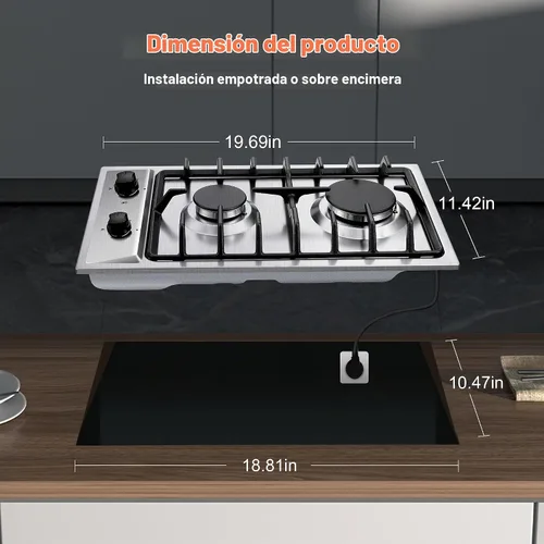 Vista 5 de Eascookchef - Placa de cocina de gas de 2 quemadores con protección de termopar - NG/LPG convertible de 30 cm (12 pulgadas) de acero inoxidable