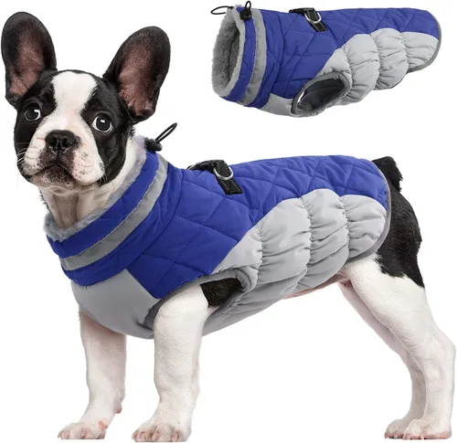 Vista 13 de Abrigo para perro, chaqueta cálida de invierno, acolchada, de vellón, chaleco reflectante con arnés, chaqueta de nieve impermeable con cremallera, a