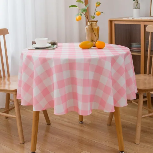 Vista 2 de Mantel Redondo Rosa de 60 Pulgadas Mantel a Cuadros Gingham - Cubierta de Mesa de Poliéster Rosa y Blanco a Cuadros Plaid Reutilizable Resistente al