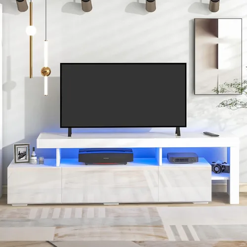 Vista 27 de Soporte de TV versátil de alto brillo con luces LED que cambian de color y 2 estantes de vidrio templado, centro de entretenimiento para televisores
