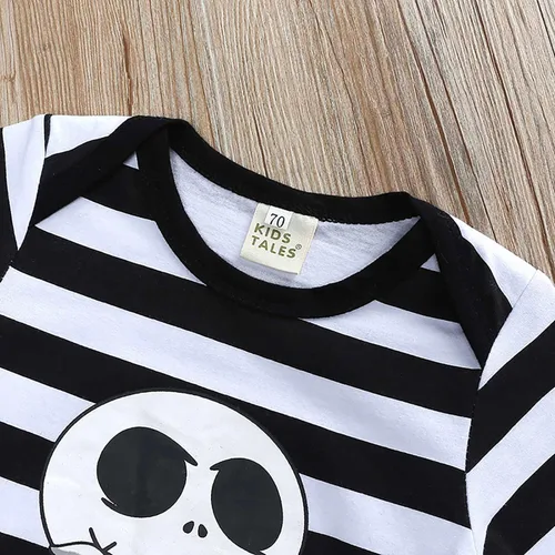 Vista 3 de Pezhiqun Disfraz de Halloween para bebé niño y niña, traje de cosplay para recién nacido, overol de esqueleto con estampado de calavera, regalo