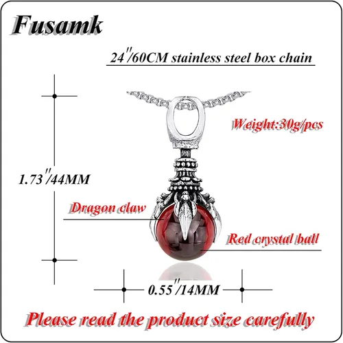 Vista 2 de Fusamk Punk Rock - Collar con colgante de bola de cristal de titanio con forma de dragón cadena de eslabones de 24 pulgadas