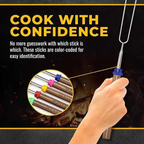 Vista 4 de CORQUE Palitos para Asar Malvaviscos, Palitos para S'mores, Extensibles, Pincho de Campamento para Fogata, Mango de Madera, Metal de 32 Pulgadas