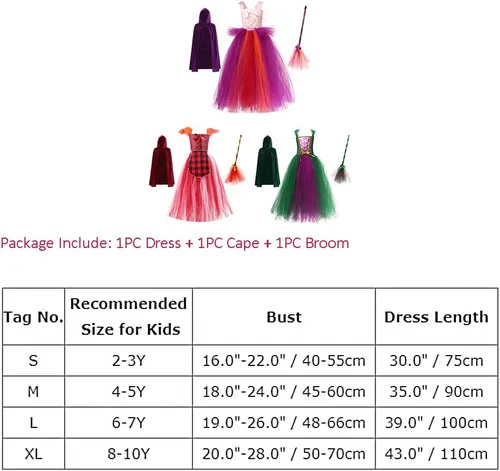 Vista 7 de IMEKIS Girls Witch Halloween Costume Princess Tutu Dress up with Broom Cape Cosplay Party Photo Shoot Outfit for Kids 2-12T