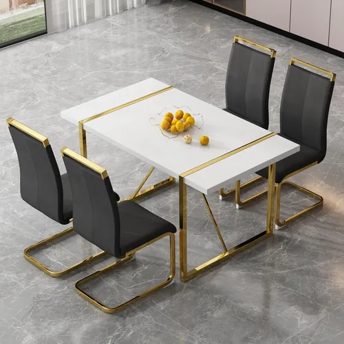 Vista 2 de Conjunto de mesa de comedor blanco Ebullient para 4, mesa rectangular de MDF y sillas de comedor de cuero sintético negro, juego de mesa de comedor